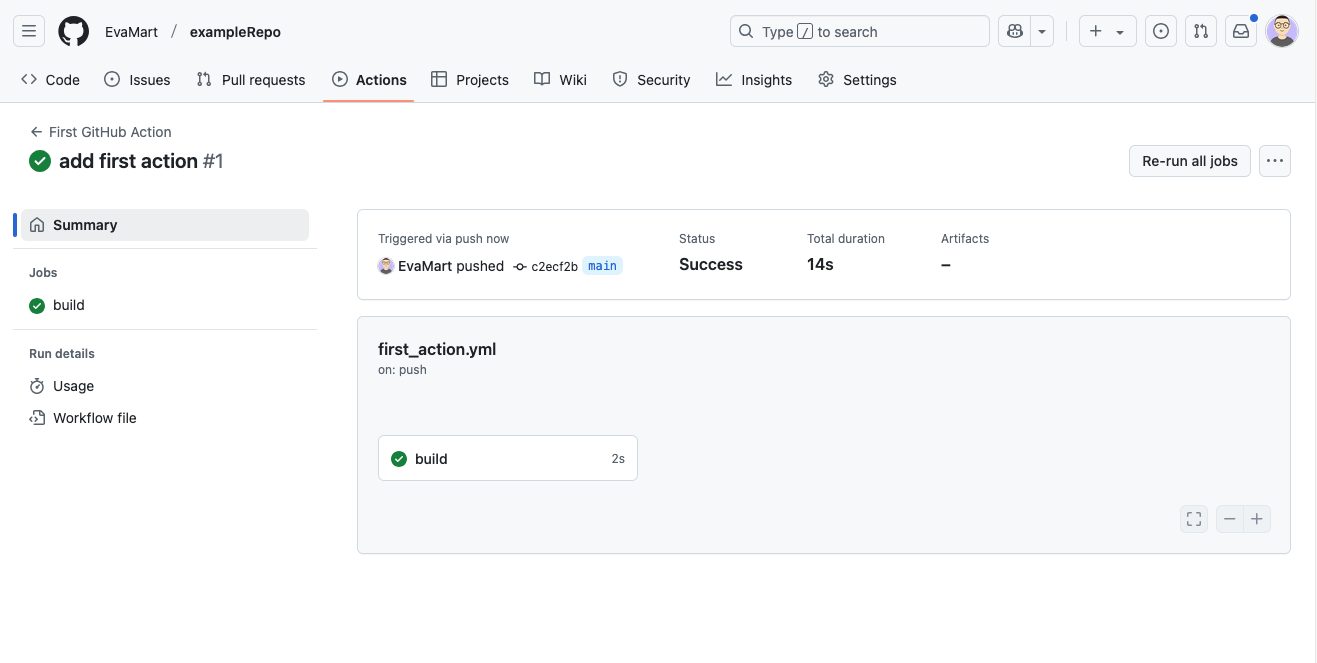Visualisation of a finished workflow run in the github interface